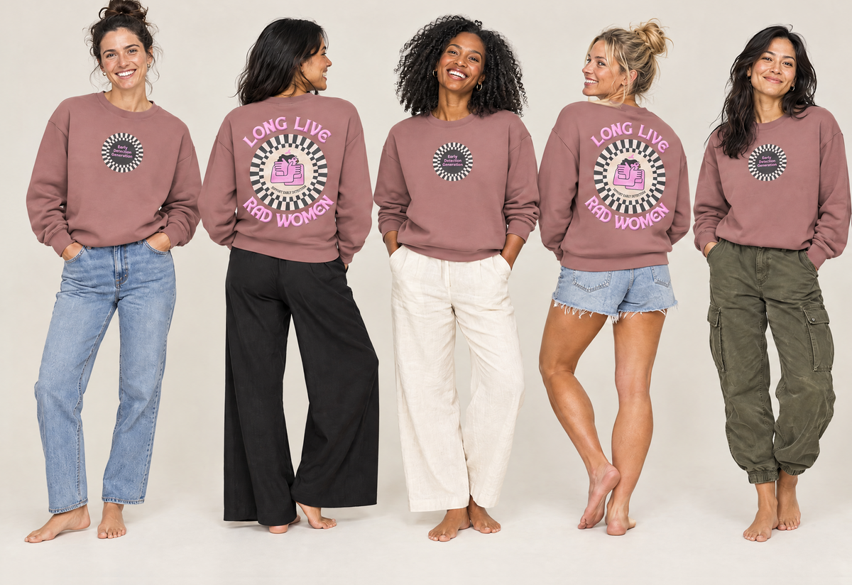 Four women sit on a ridge at sunset, one wearing the Long Live Rad Women sweatshirt.